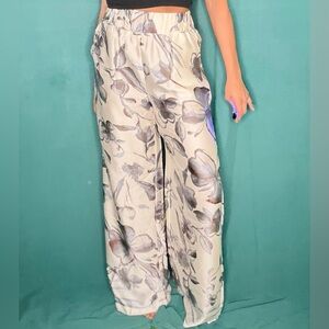 Beige Glam Floral Wide Leg Dress Pants